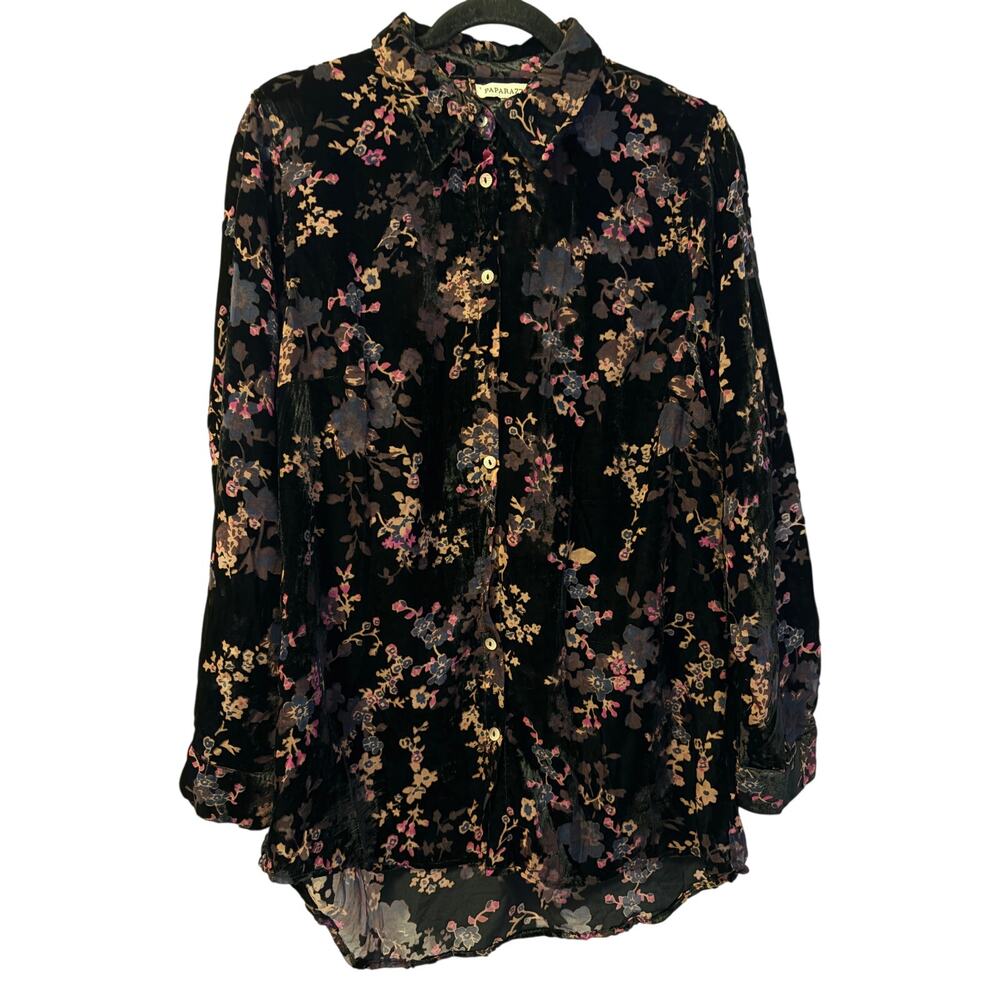 Vintage Paparazzi Velvet Floral Top Black Collared Button Front Long Sleeve Sz L